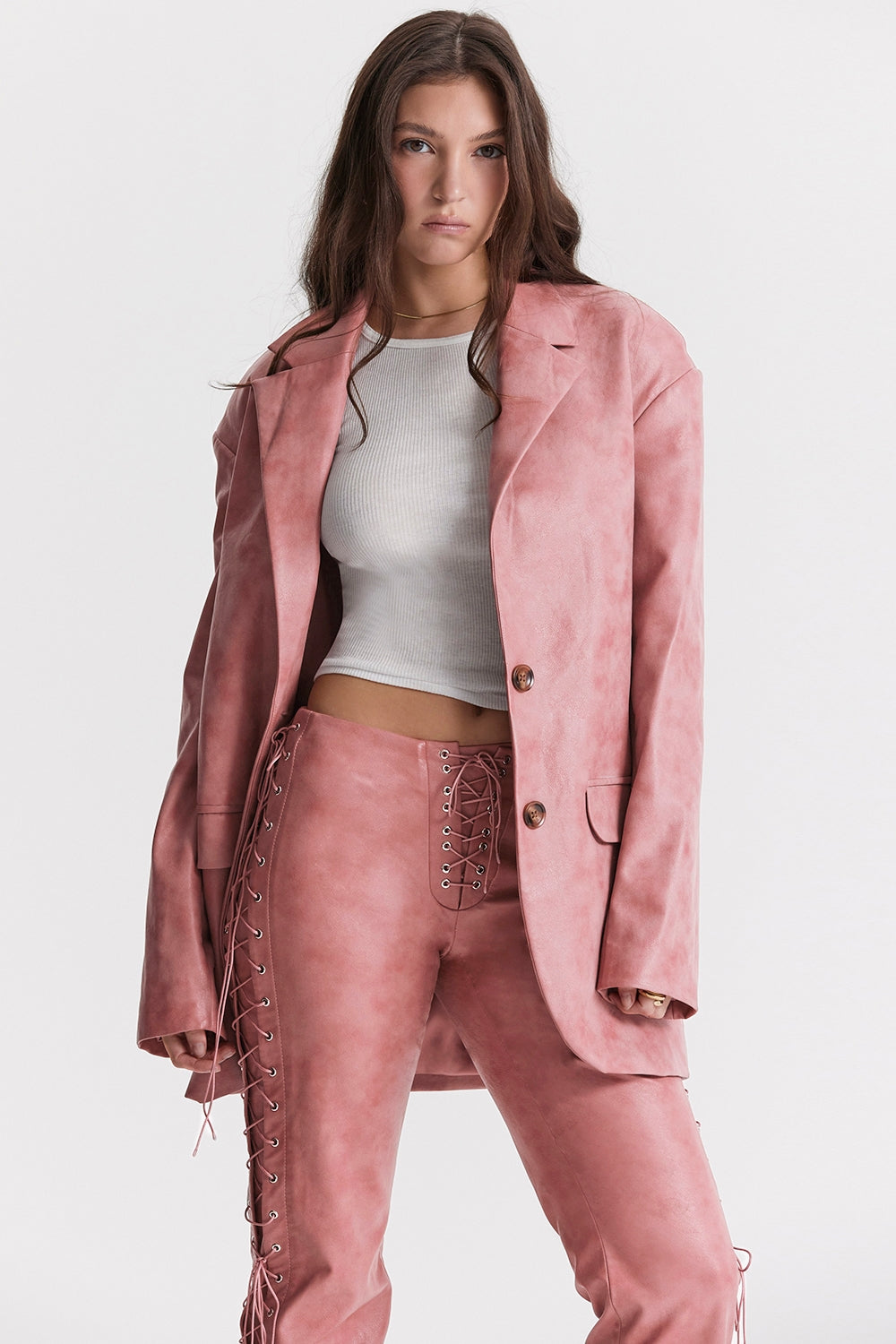Kiera Warm Pink Vegan Leather Oversized Blazer