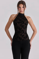 Natalya Black Lace High Neck Top With Detachable Bow