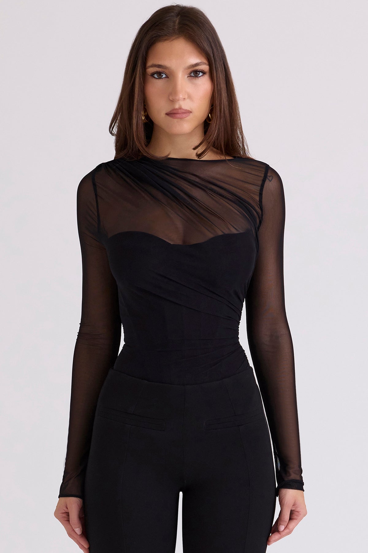 Orelia Black Draped Mesh Bodysuit