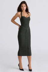 The Supermodel Emerald Halter Neck Bandage Midi Dress