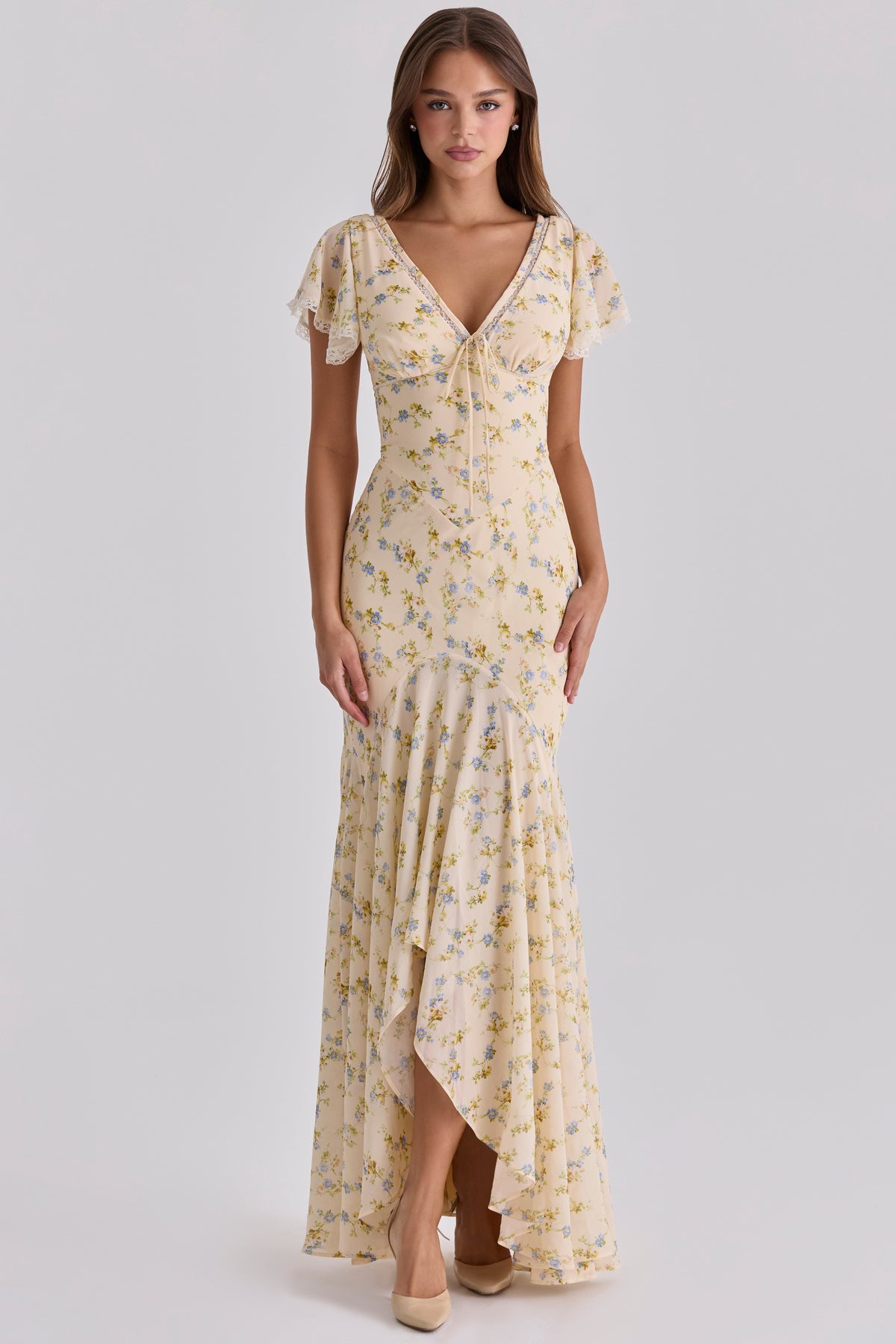 Amina Lemon Floral Print Georgette Maxi Tea Dress