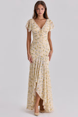Amina Lemon Floral Print Georgette Maxi Tea Dress