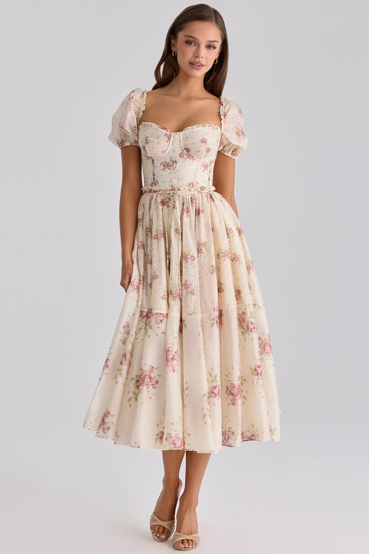 Penelope Ivory Vintage Rose Print Chiffon Midi Dress