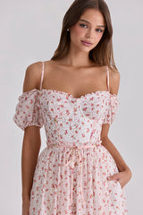 Penelope White Rose Print Georgette Ribbon Midi Dress