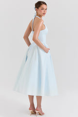 Marilyn Soft Blue Cotton Twill Halter Midi Sundress