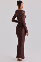 Yasmeen Espresso Brown Lace + Satin Draped Maxi Dress