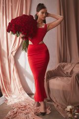 Colette Scarlet Satin Low Waist Midi Skirt