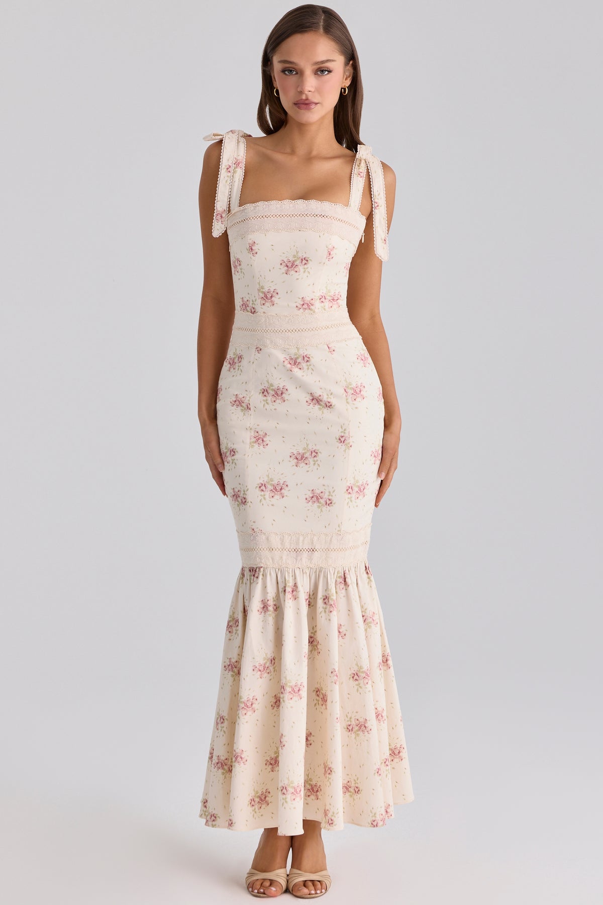 Alessina Ivory Vintage Rose Print Cotton + Lace Maxi Dress