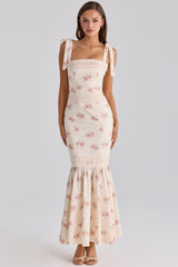 Alessina Ivory Vintage Rose Print Cotton + Lace Maxi Dress