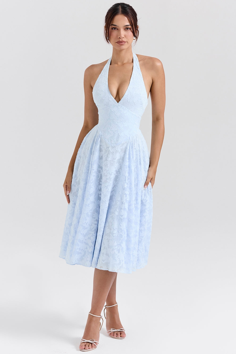 Arietta Bluebell Floral Jacquard Halter Midi Dress